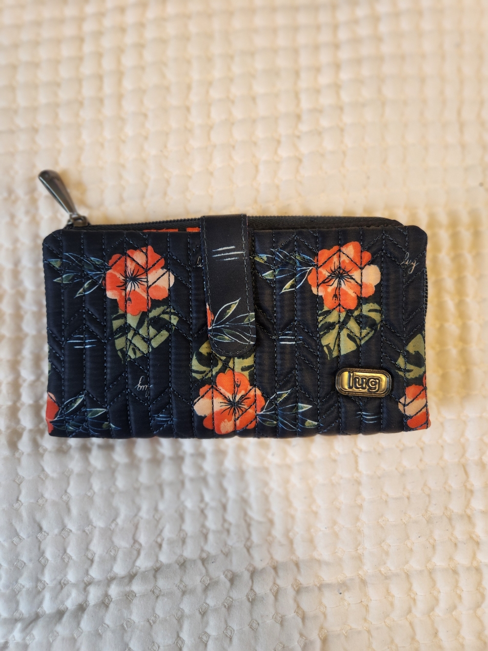 Lug Quilted Floral Zip Wallet - Navy with Orange Flowers